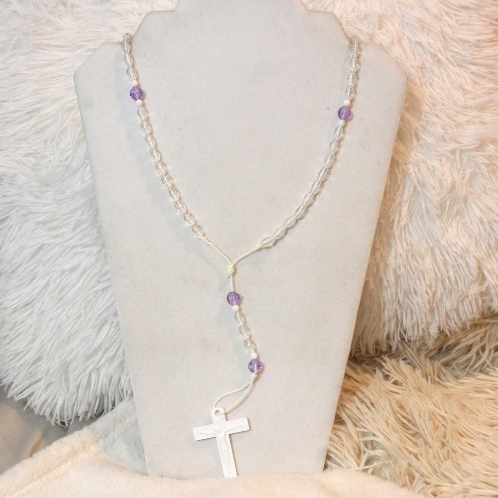 Clear Crystal & Lilac Bead 17" Long Catholic Praying Rosary Beads Holy Religious